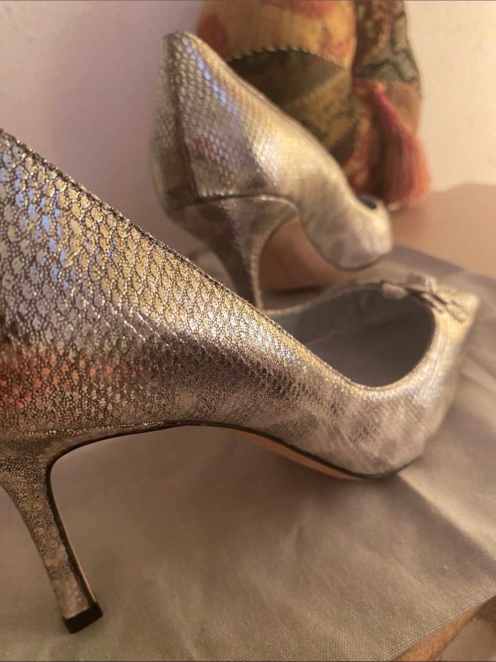 Manolo Blahnik Metallic Pointed-Toe Pumps with Floral Appliqué - Picture 7 of 7